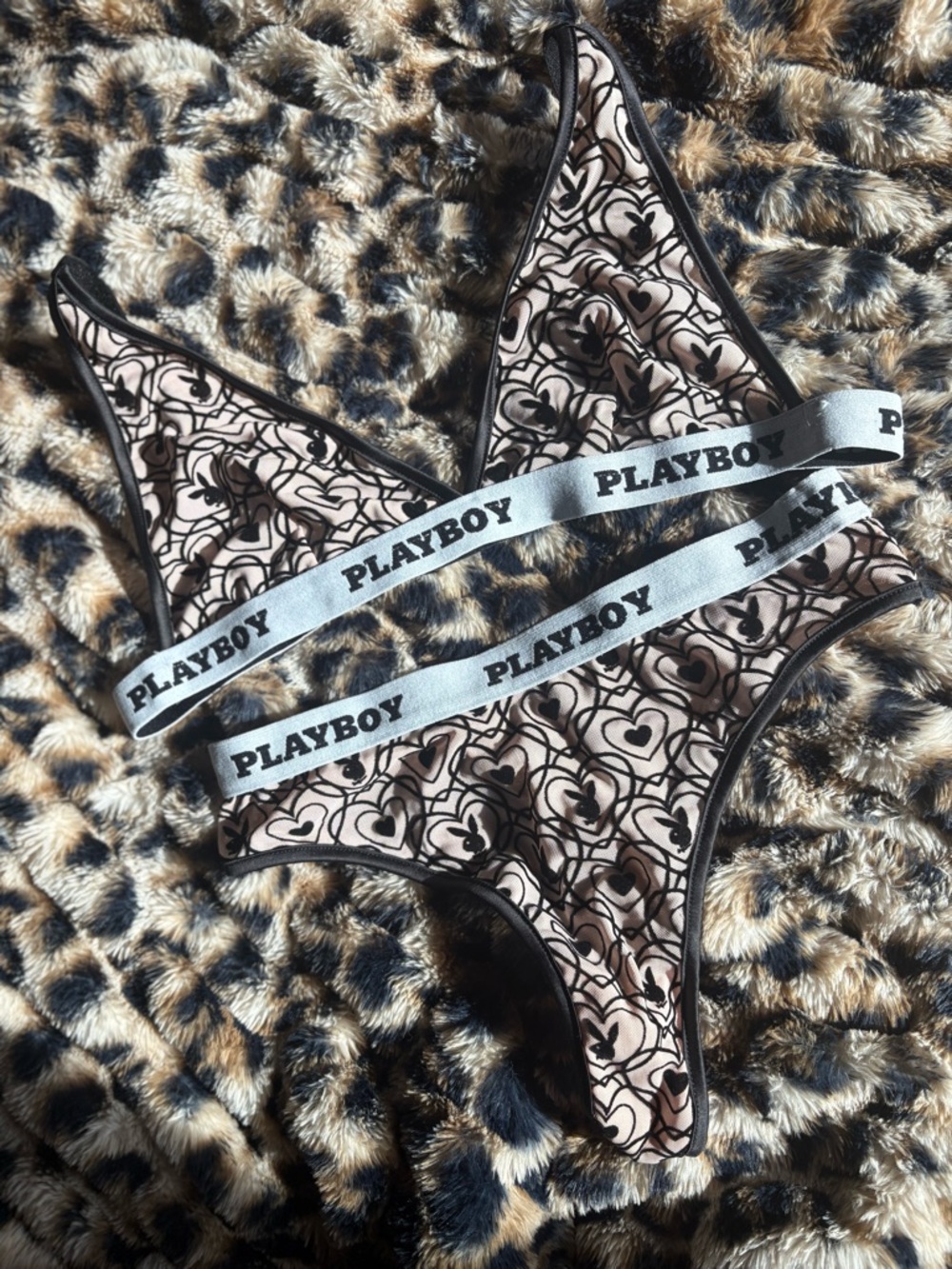 Playboy Women's Heart Print Bralette & Thong Set in Nude/Black crushed velvet - Picture 2 of 9